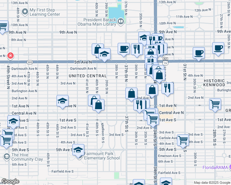 map of restaurants, bars, coffee shops, grocery stores, and more near 3753 Burlington Avenue North in St. Petersburg