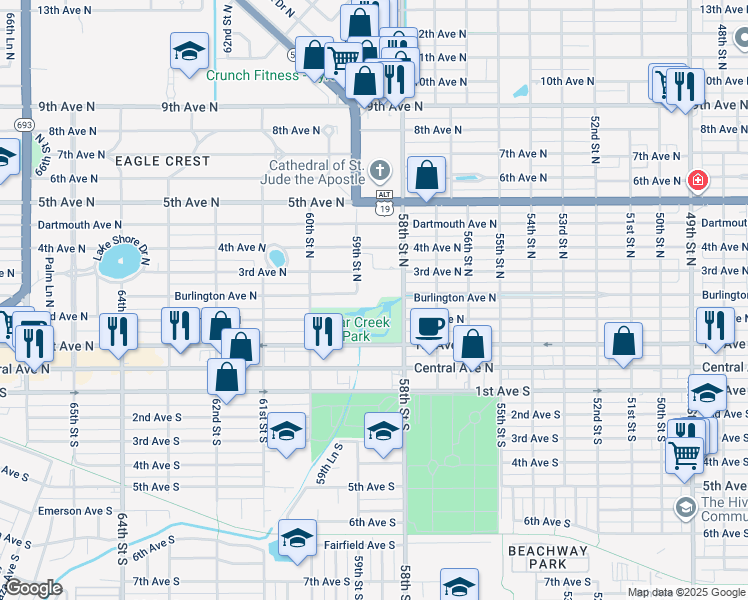 map of restaurants, bars, coffee shops, grocery stores, and more near 250 58th Street North in St. Petersburg