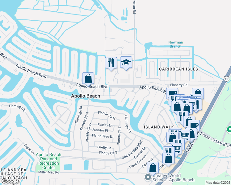 map of restaurants, bars, coffee shops, grocery stores, and more near 6411 Oyster Island Cove in Apollo Beach