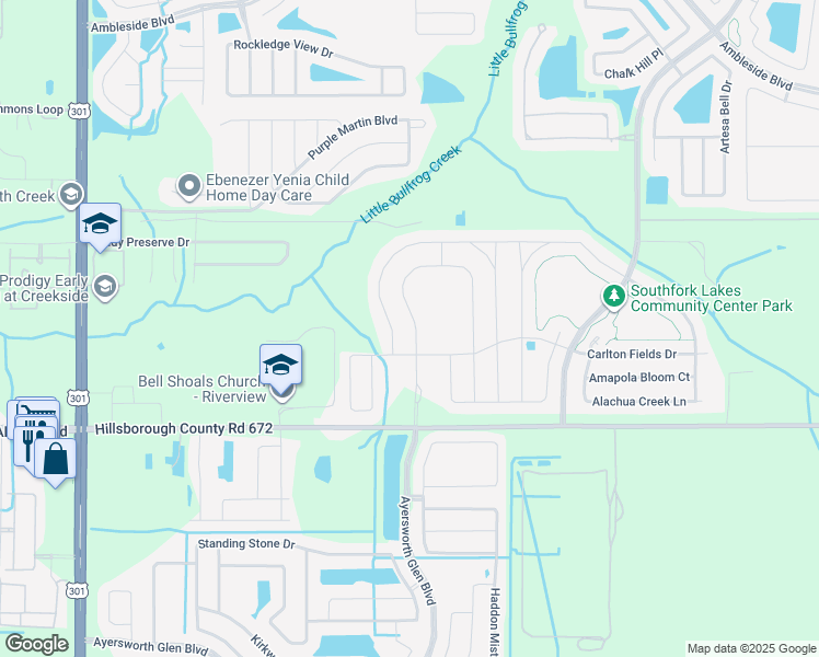 map of restaurants, bars, coffee shops, grocery stores, and more near 14148 Arbor Pines Drive in Riverview
