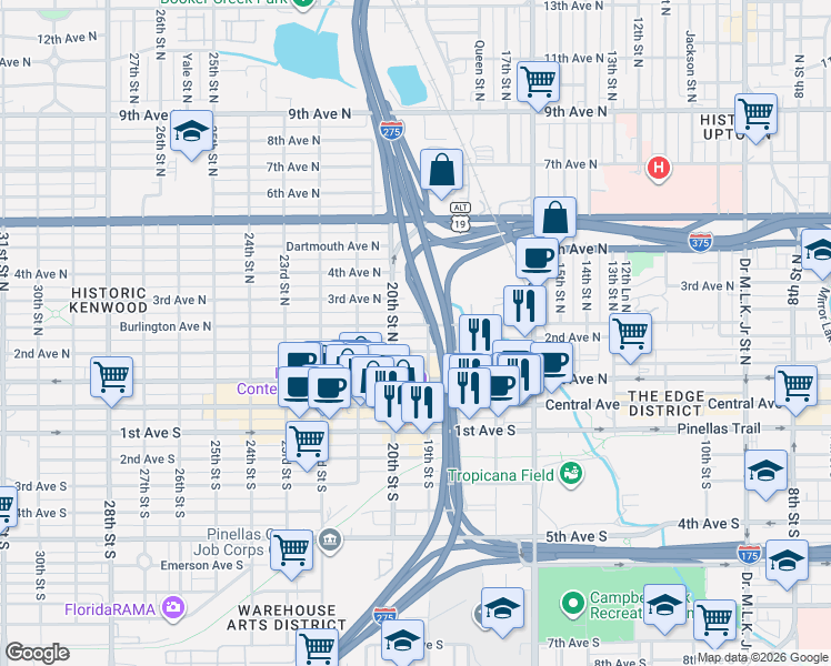 map of restaurants, bars, coffee shops, grocery stores, and more near 1911 Burlington Avenue North in St. Petersburg