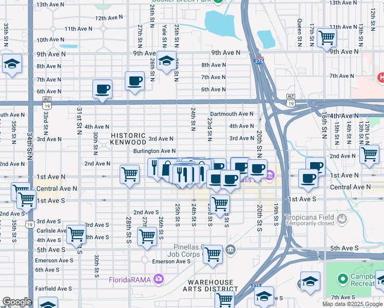 map of restaurants, bars, coffee shops, grocery stores, and more near 2400 Burlington Avenue North in Saint Petersburg