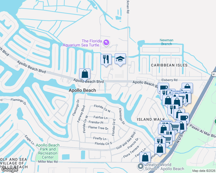 map of restaurants, bars, coffee shops, grocery stores, and more near 6405 Oyster Island Cove in Apollo Beach