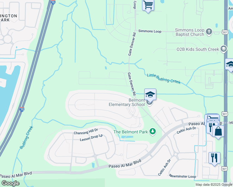 map of restaurants, bars, coffee shops, grocery stores, and more near 9627 Sage Creek Drive in Riverview