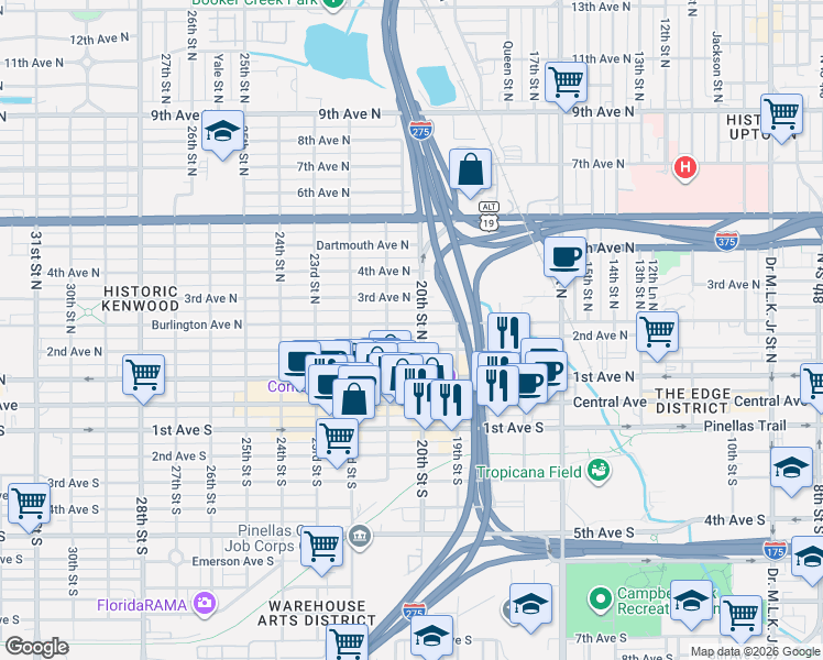 map of restaurants, bars, coffee shops, grocery stores, and more near 2003 Burlington Avenue North in St. Petersburg