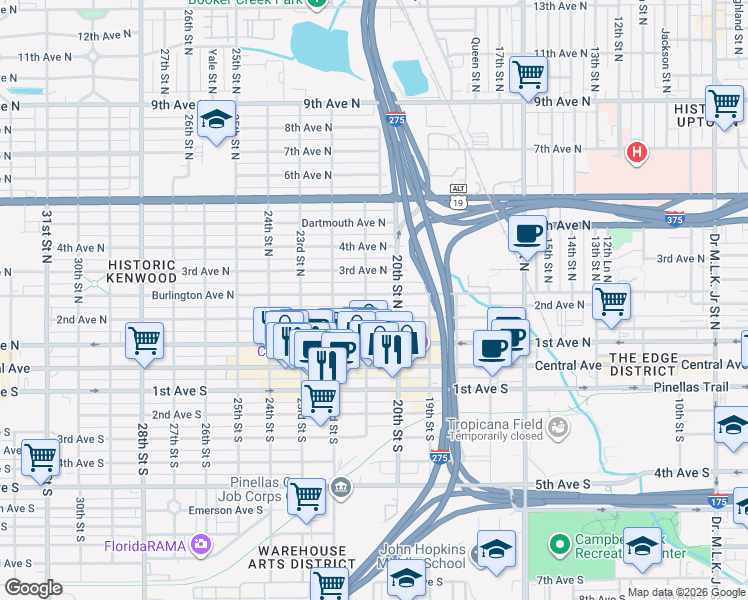 map of restaurants, bars, coffee shops, grocery stores, and more near 2111 Burlington Avenue North in St. Petersburg