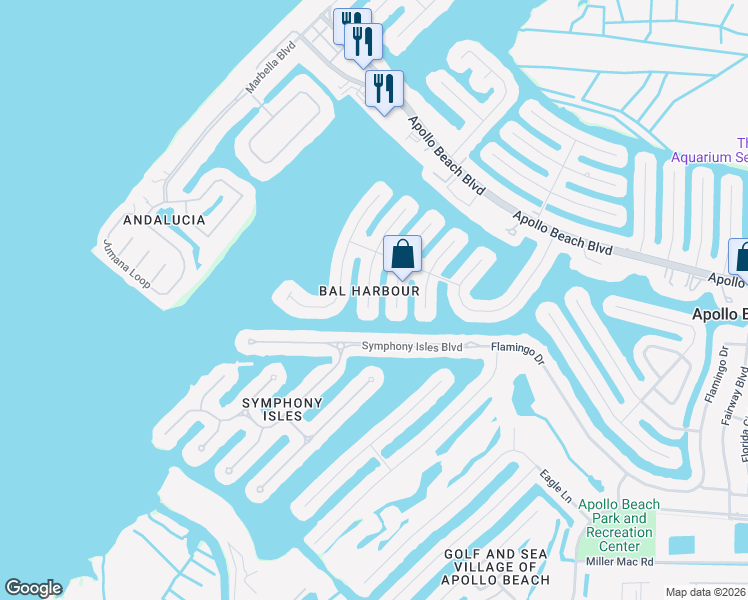 map of restaurants, bars, coffee shops, grocery stores, and more near 6307 Cottonwood Lane in Apollo Beach