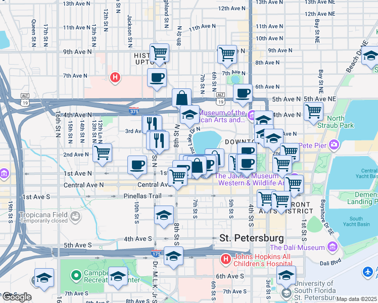 map of restaurants, bars, coffee shops, grocery stores, and more near 248 Mirror Lake Drive North in St. Petersburg