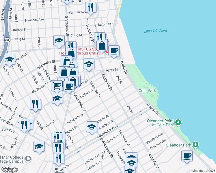 map of restaurants, bars, coffee shops, grocery stores, and more near 1749 3rd Street in Corpus Christi