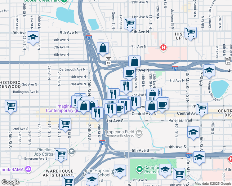 map of restaurants, bars, coffee shops, grocery stores, and more near 1650 Burlington Avenue North in St. Petersburg