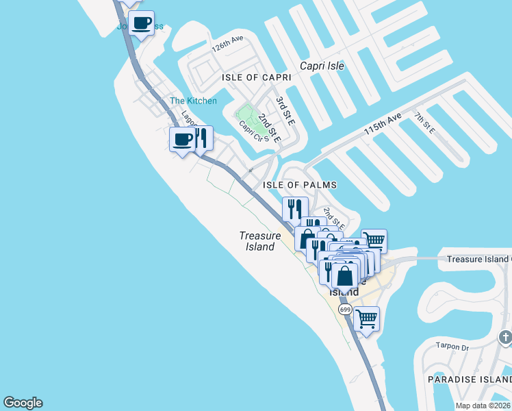 map of restaurants, bars, coffee shops, grocery stores, and more near 11500 Gulf Boulevard in Treasure Island