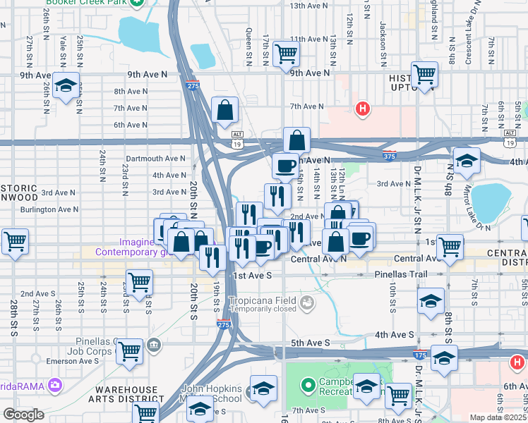 map of restaurants, bars, coffee shops, grocery stores, and more near 1650 Burlington Avenue North in St. Petersburg