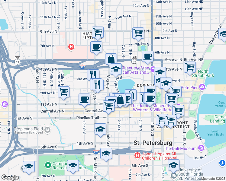 map of restaurants, bars, coffee shops, grocery stores, and more near 248 Mirror Lake Drive North in St. Petersburg