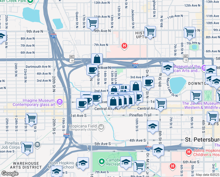 map of restaurants, bars, coffee shops, grocery stores, and more near 1235 Burlington Avenue North in St. Petersburg