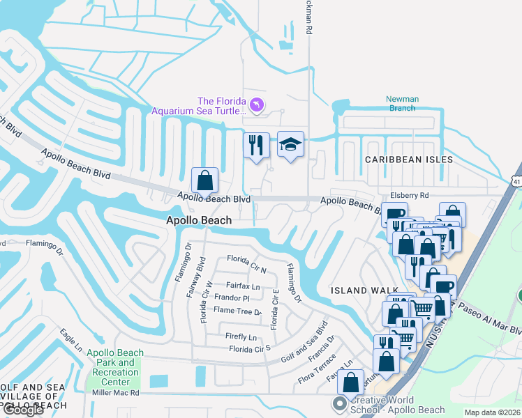 map of restaurants, bars, coffee shops, grocery stores, and more near 6407 Oyster Island Cove in Apollo Beach