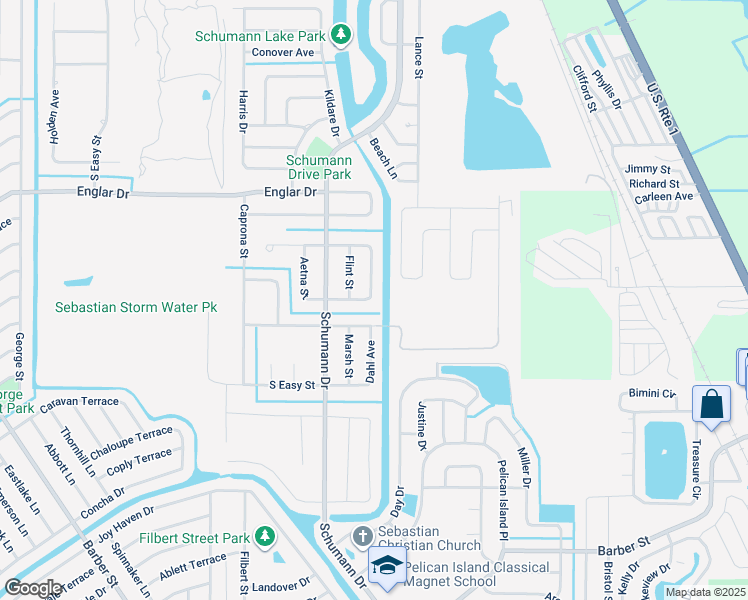 map of restaurants, bars, coffee shops, grocery stores, and more near 115 Admiral Circle in Sebastian