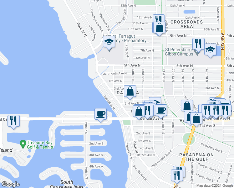 map of restaurants, bars, coffee shops, grocery stores, and more near 7527 Burlington Avenue North in Saint Petersburg