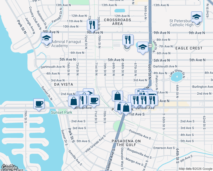 map of restaurants, bars, coffee shops, grocery stores, and more near 225 70th Street South in St. Petersburg