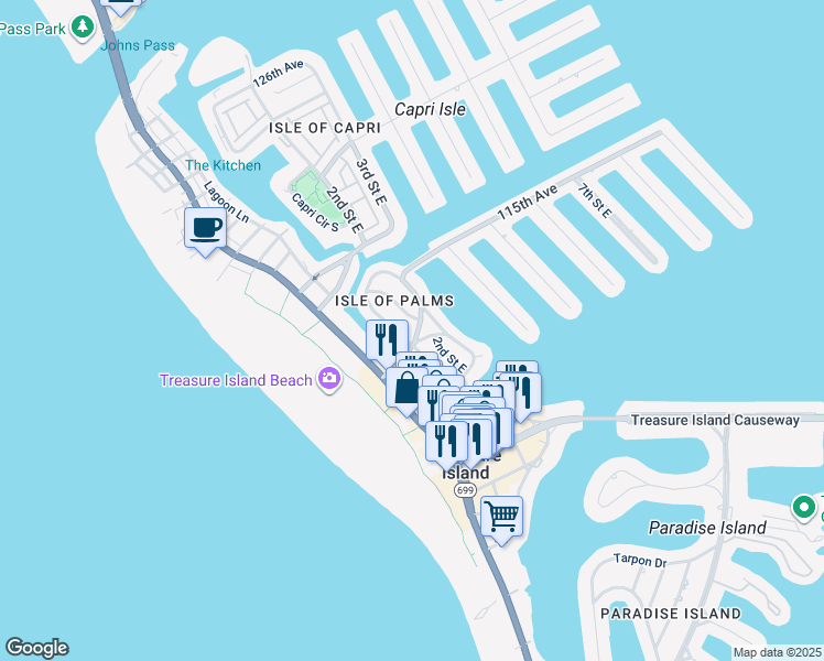 map of restaurants, bars, coffee shops, grocery stores, and more near 11295 1st Street East in Treasure Island
