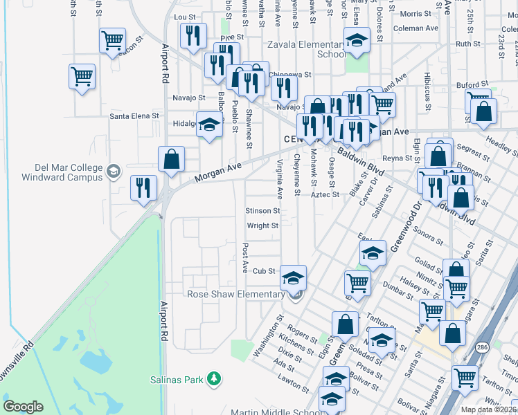 map of restaurants, bars, coffee shops, grocery stores, and more near 3638 Stinson Street in Corpus Christi