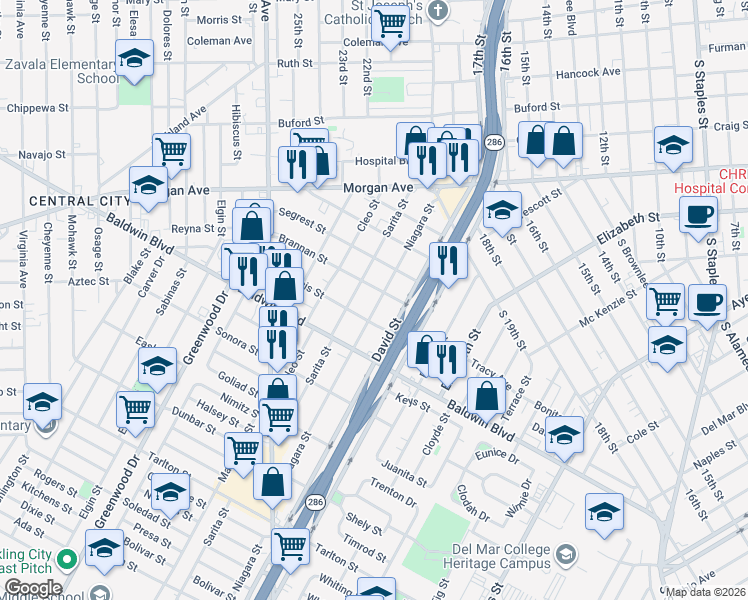 map of restaurants, bars, coffee shops, grocery stores, and more near 2509 Niagara Street in Corpus Christi