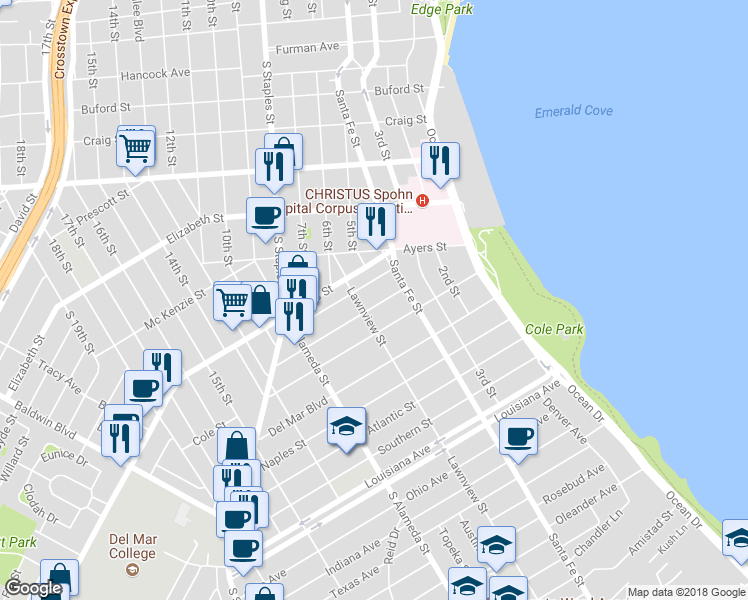 map of restaurants, bars, coffee shops, grocery stores, and more near 334 Clifford Street in Corpus Christi