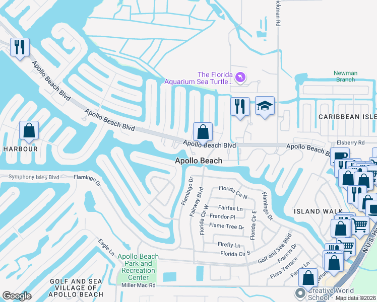 map of restaurants, bars, coffee shops, grocery stores, and more near 620 Yardarm Drive in Apollo Beach