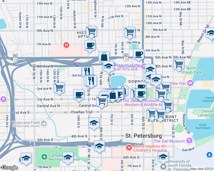 map of restaurants, bars, coffee shops, grocery stores, and more near 248 Mirror Lake Drive North in St. Petersburg
