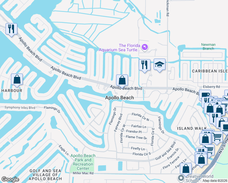map of restaurants, bars, coffee shops, grocery stores, and more near 620 Yardarm Drive in Apollo Beach