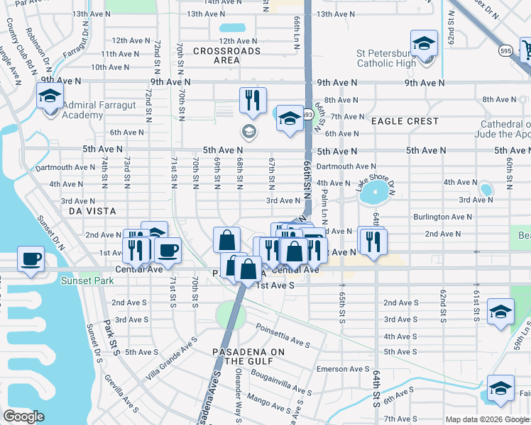 map of restaurants, bars, coffee shops, grocery stores, and more near 6711 Burlington Avenue North in St. Petersburg