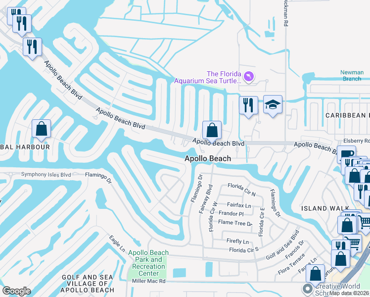 map of restaurants, bars, coffee shops, grocery stores, and more near 656 Yardarm Drive in Apollo Beach