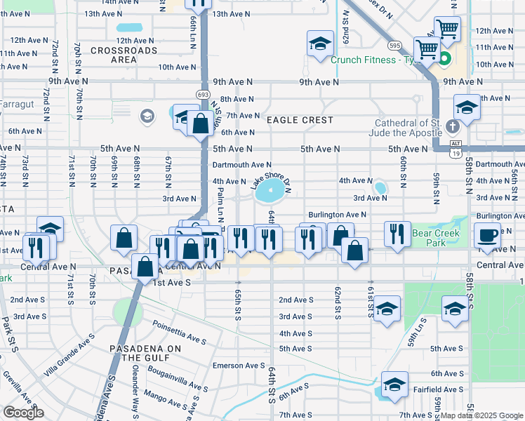 map of restaurants, bars, coffee shops, grocery stores, and more near 6434 Lake Shore Drive North in St. Petersburg