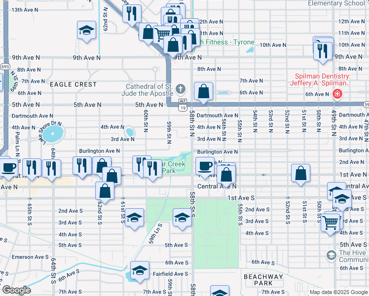 map of restaurants, bars, coffee shops, grocery stores, and more near 250 58th Street North in St. Petersburg