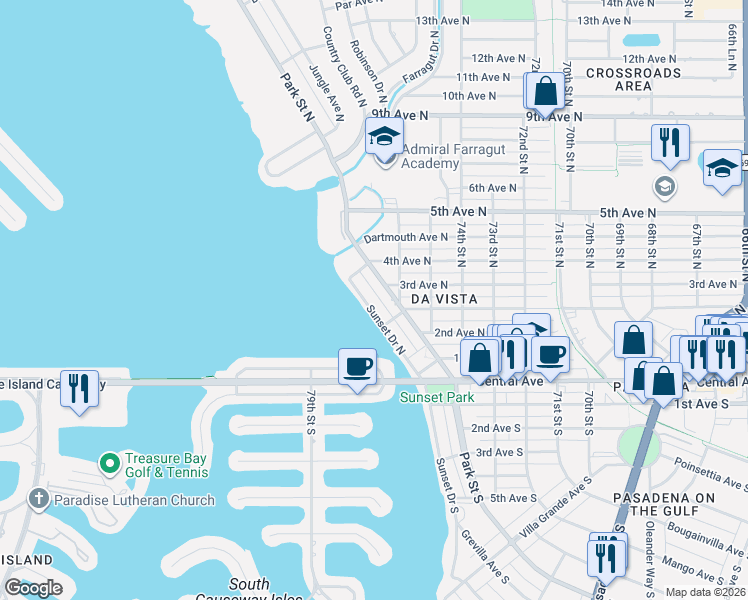 map of restaurants, bars, coffee shops, grocery stores, and more near 267 Sunset Dr N in St Petersburg