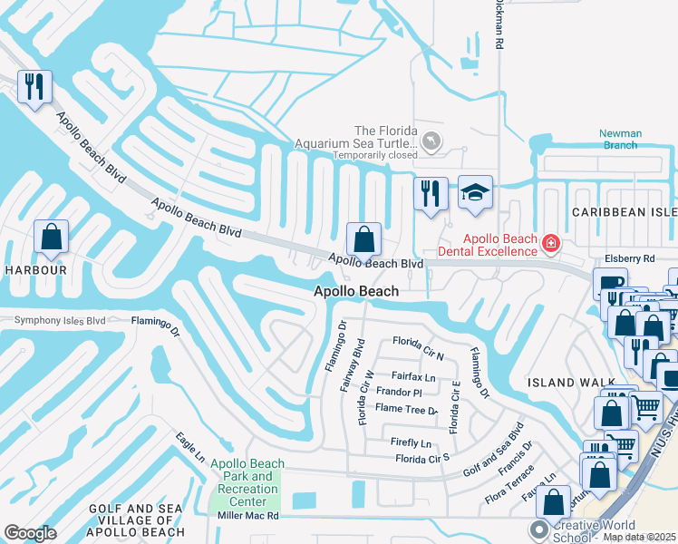 map of restaurants, bars, coffee shops, grocery stores, and more near 626 Yardarm Drive in Apollo Beach