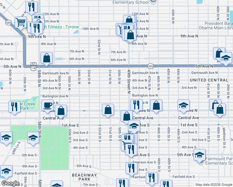 map of restaurants, bars, coffee shops, grocery stores, and more near 245 50th Street North in St. Petersburg