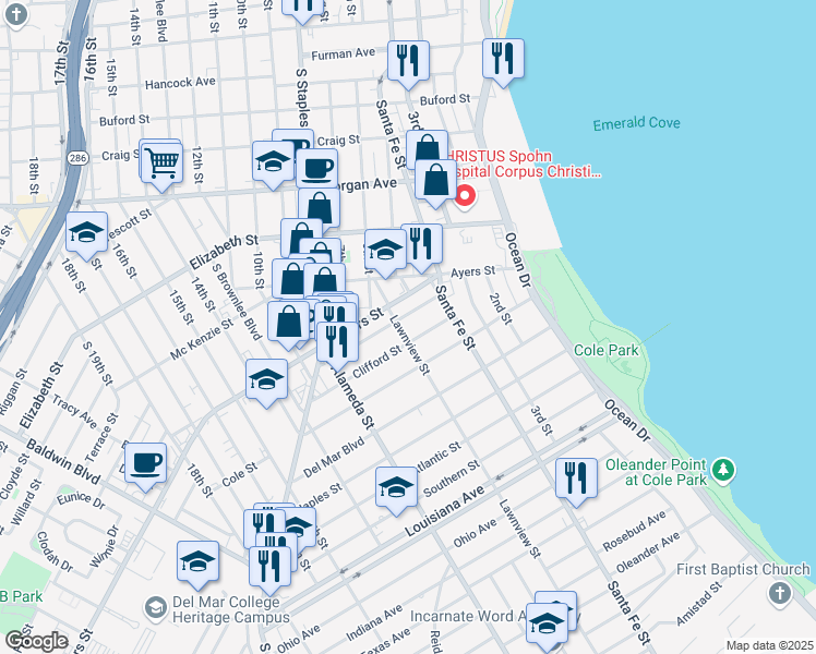 map of restaurants, bars, coffee shops, grocery stores, and more near in Corpus Christi