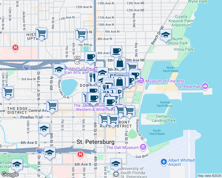 map of restaurants, bars, coffee shops, grocery stores, and more near 231 2nd Avenue North in St. Petersburg