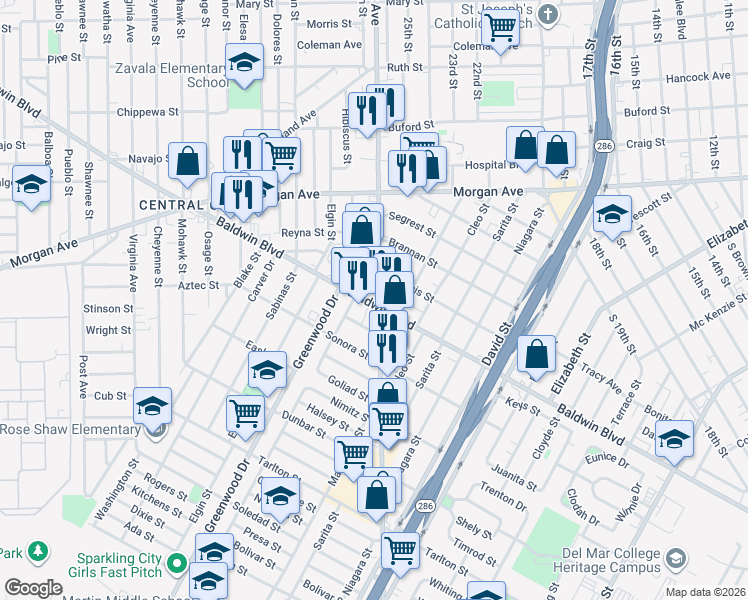 map of restaurants, bars, coffee shops, grocery stores, and more near 2641 South Port Avenue in Corpus Christi