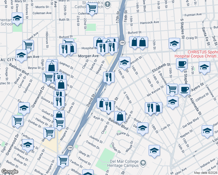 map of restaurants, bars, coffee shops, grocery stores, and more near 2402 Prescott Street in Corpus Christi