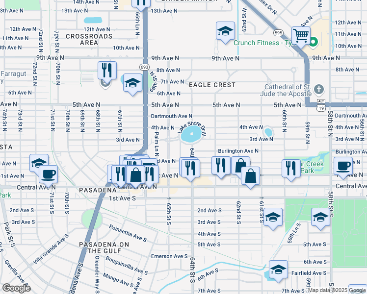 map of restaurants, bars, coffee shops, grocery stores, and more near 6434 Lake Shore Drive North in St. Petersburg