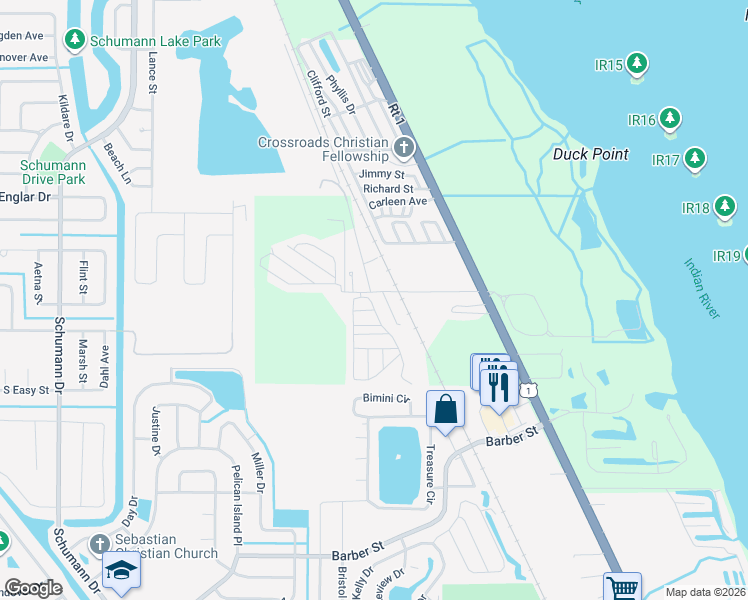 map of restaurants, bars, coffee shops, grocery stores, and more near 9896 61st Terrace in Sebastian