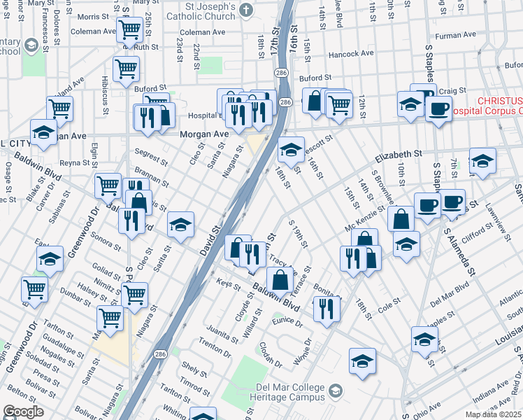 map of restaurants, bars, coffee shops, grocery stores, and more near 2318 Riggan Street in Corpus Christi