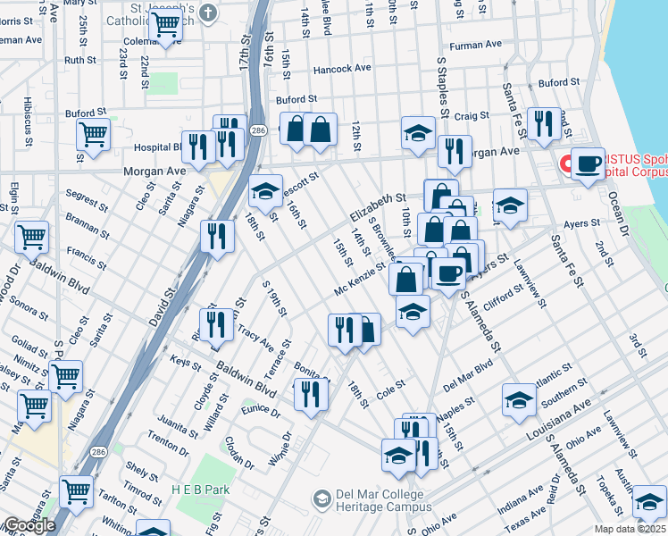 map of restaurants, bars, coffee shops, grocery stores, and more near 1538 16th Street in Corpus Christi