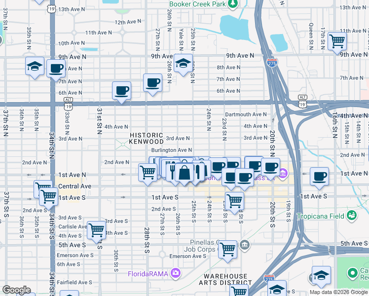 map of restaurants, bars, coffee shops, grocery stores, and more near 2535 Burlington Avenue North in St. Petersburg