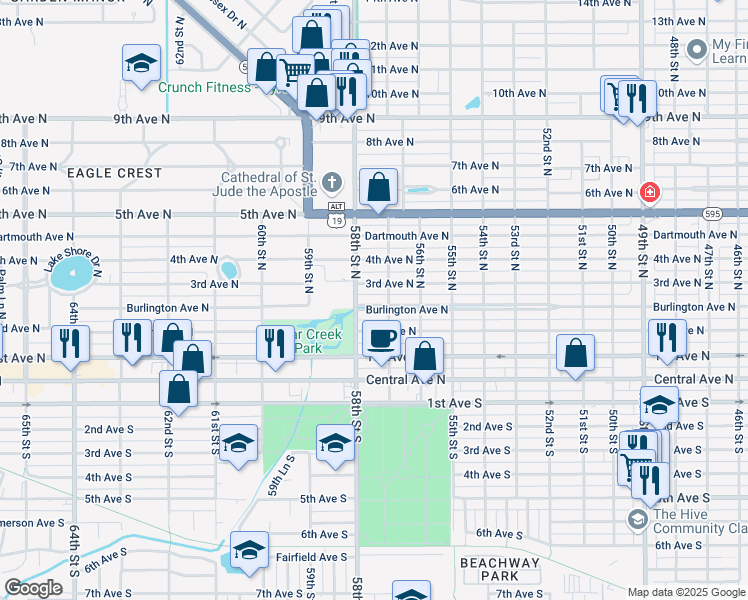 map of restaurants, bars, coffee shops, grocery stores, and more near 5727 Burlington Avenue North in Saint Petersburg