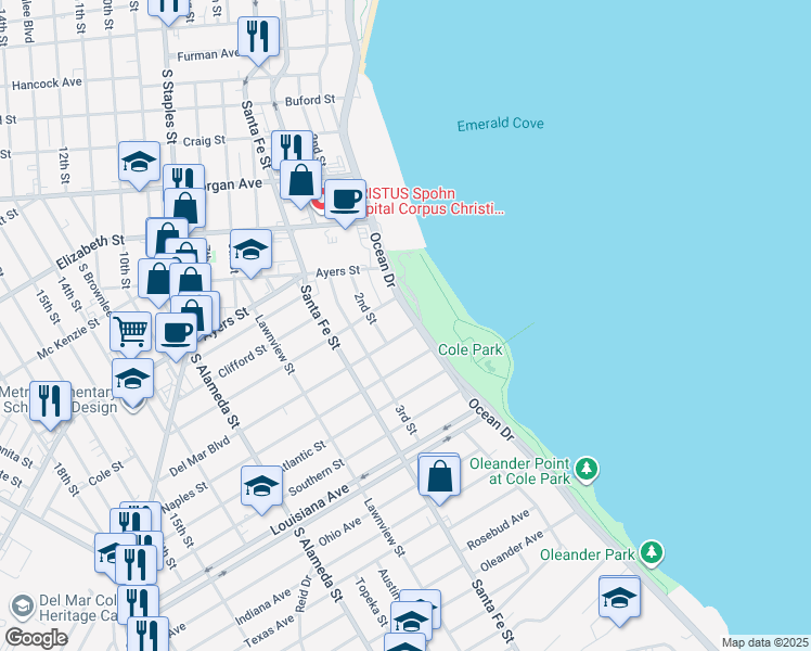 map of restaurants, bars, coffee shops, grocery stores, and more near 1617 Ocean Drive in Corpus Christi