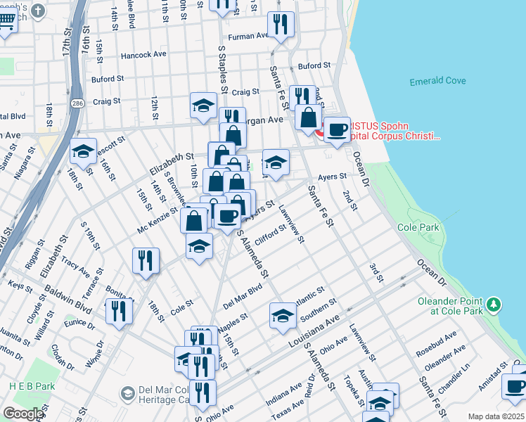 map of restaurants, bars, coffee shops, grocery stores, and more near 927 Ayers Street in Corpus Christi