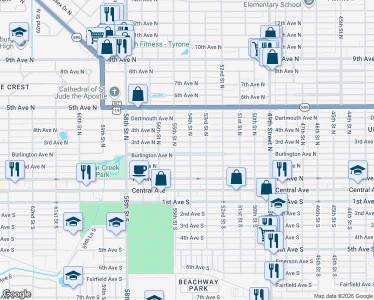 map of restaurants, bars, coffee shops, grocery stores, and more near 5411 Burlington Avenue North in St. Petersburg