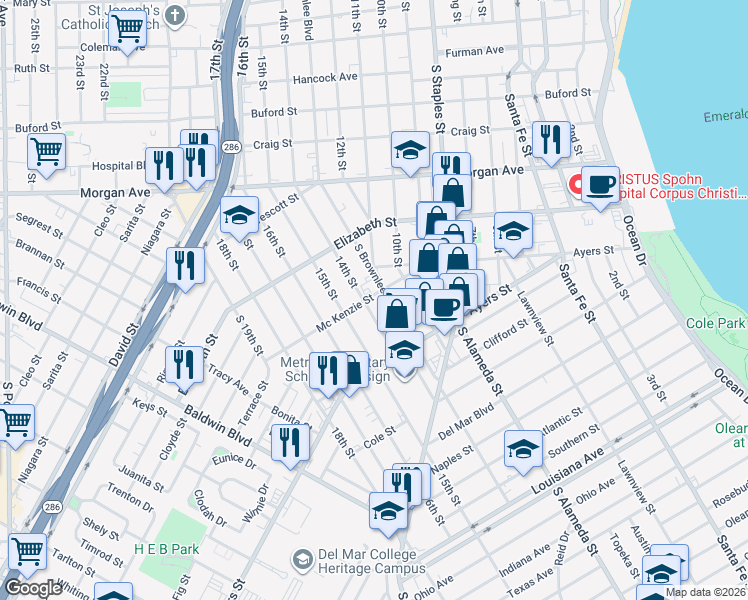 map of restaurants, bars, coffee shops, grocery stores, and more near 1609 South Brownlee Boulevard in Corpus Christi